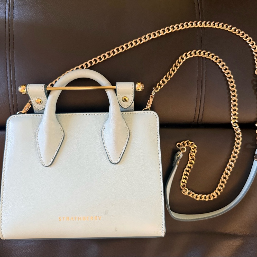 Strathberry Baby Blue Nano Tote with Gold Chain (minor stains in photo